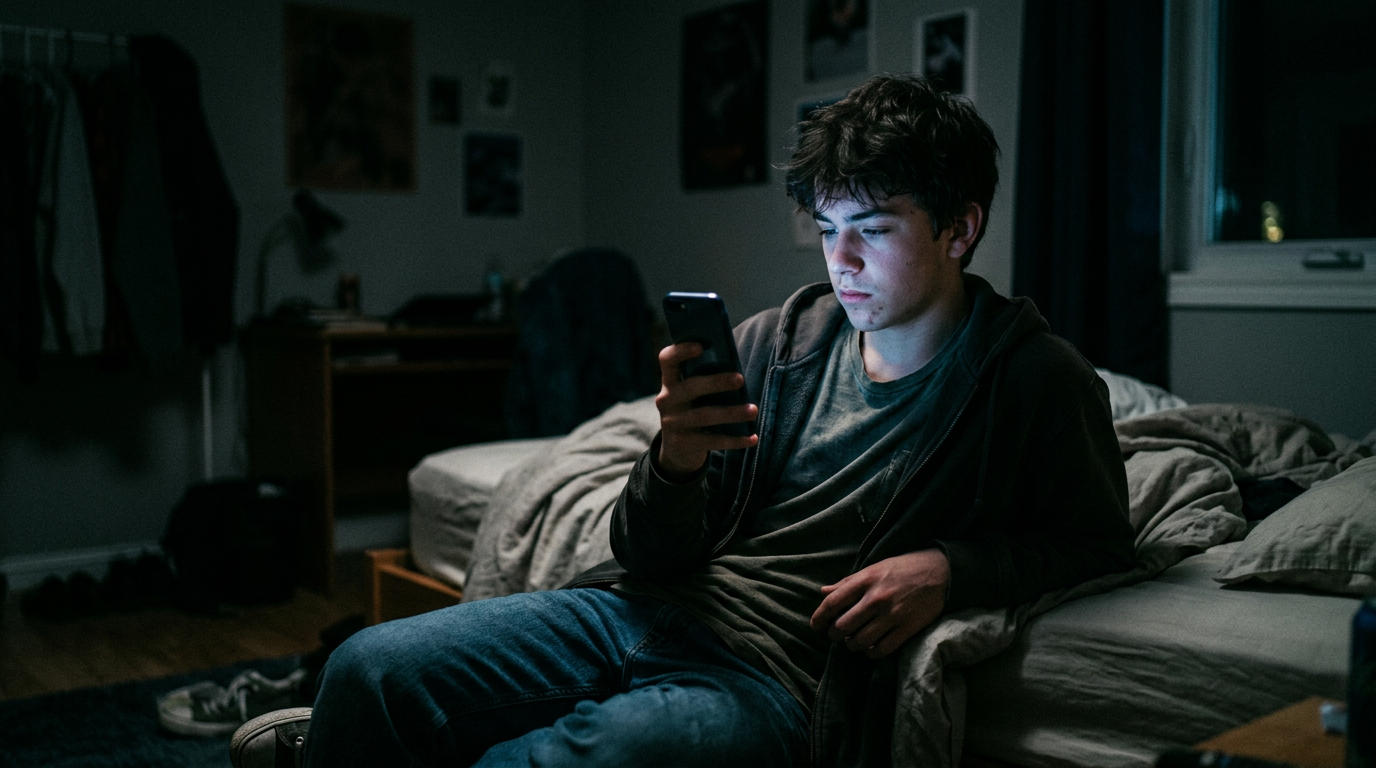 Teen in dark room lit by phone glow